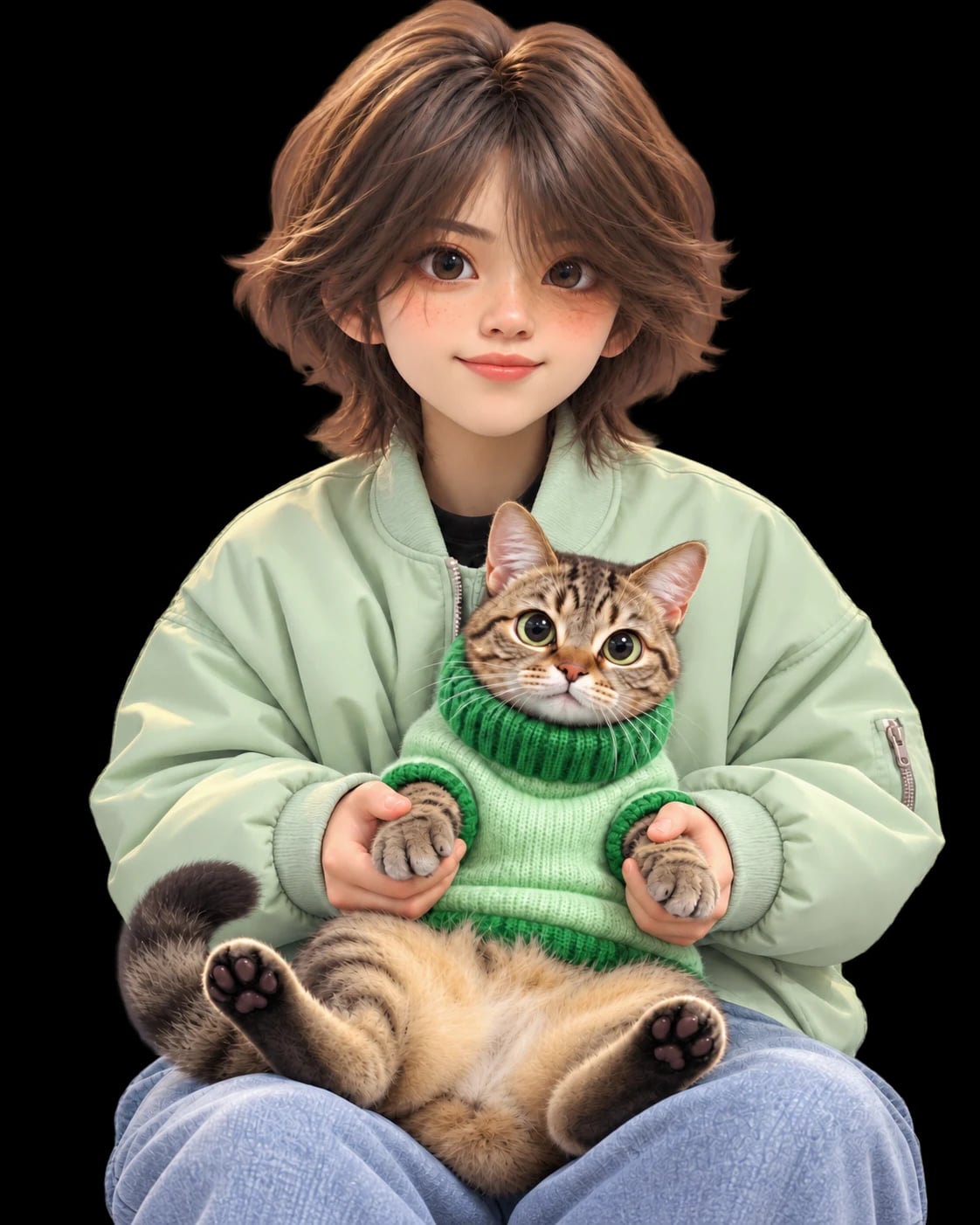 Eden holding a cat, wearing a turquoise hoodie
