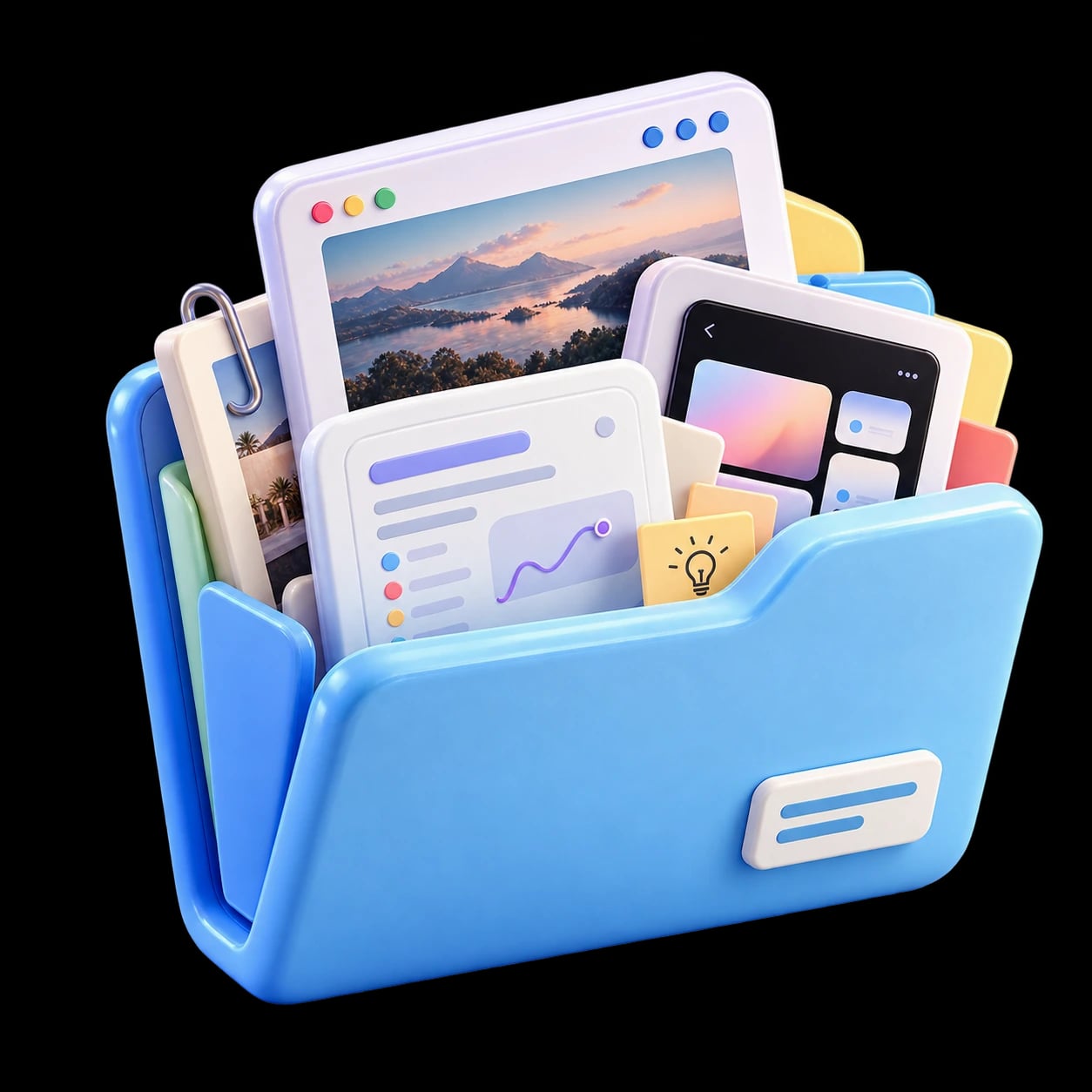 A soft 3D blue folder filled with project materials